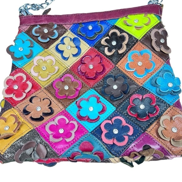 Multi-colored 3D Floral Leather Rhinestone Shoulder Bag Clutch Bag - Picture 3 of 16
